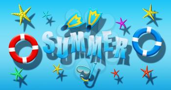 Summer Holiday At Swimming Pool With Scuba Mask, Flippers, Safety Rings and Starfish Floating On a Blue Water Surface