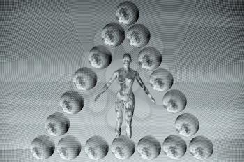 Statue of female figure in a pyramid of spheres. 3d futuristic illustration.