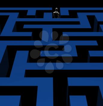 Man exiting complex maze labyrinth. 3d illustration.