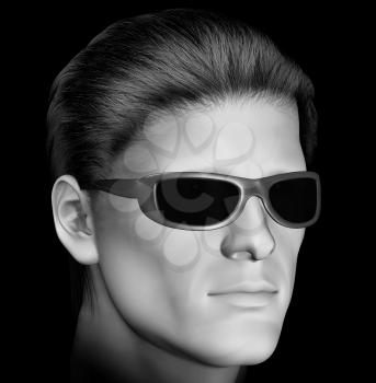 Man with dark sunglasses 3d illustration. Black and white.