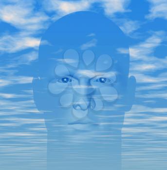 Man portrait against cloudy blue sky. Digitally created 3d illustration.