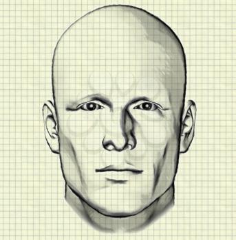 Sketch of male figure portrait drawing of man's head on graph paper background. Digitally created 3d illustration.
