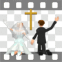 Bride and groom kneeling at altar with levitating cross
