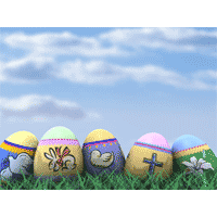 Easter eggs on lawn with sky