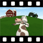 Dancing cow in pasture with barn and tractor