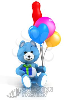Blue teddy bear holding balloons and present