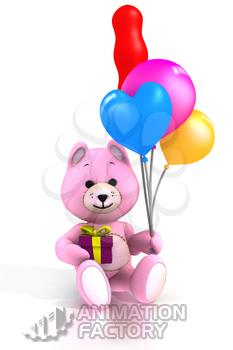 Pink teddy bear holding balloons and present