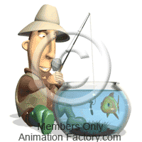 Fisherman unsuccessful fishing in fishbowl