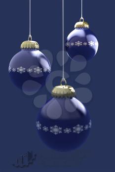 Three blue Christmas ornaments